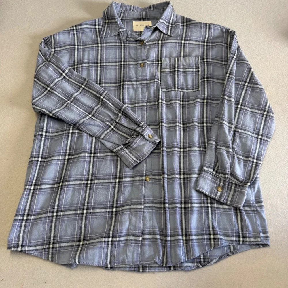 Aeropostale Kids Blue Plaid Flannel Button Down Long Sleeve Shirt Medium
